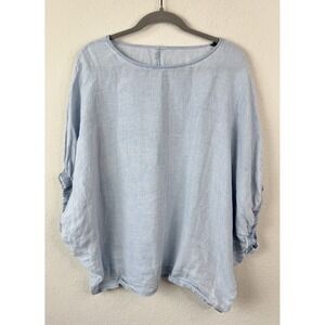 Made in Italy 100% Linen Oversized Top OS Blue Dolman Sleeve Lagenlook Boho